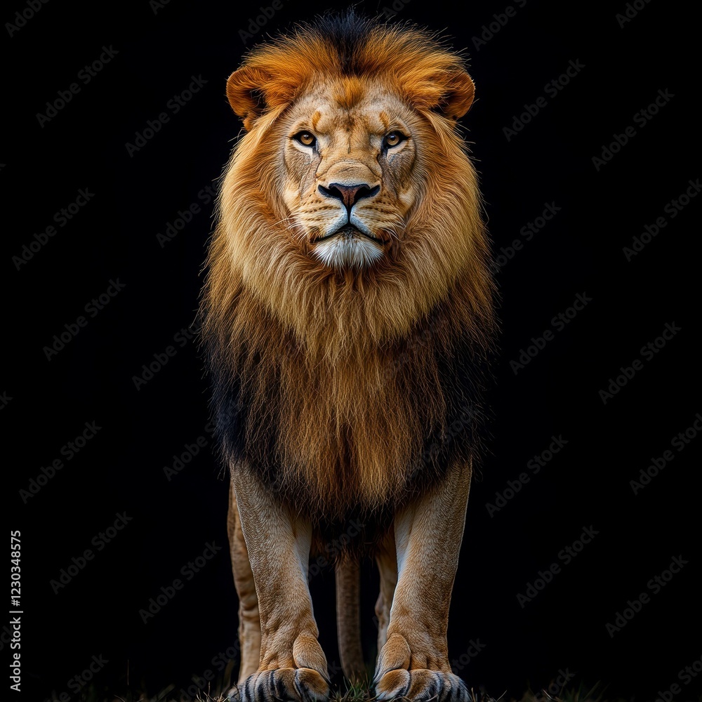 Fototapeta premium Close-up photo of a majestic, brown-black adult lion with a robust mane It exudes pride and strength while focusing off into the distance, possibly in natural habitat or well-maintaine - AI-generated