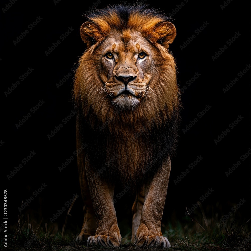 A golden-brown lion with a commanding presence stands on grass, silhouetted against a dimly lit background - AI-generated