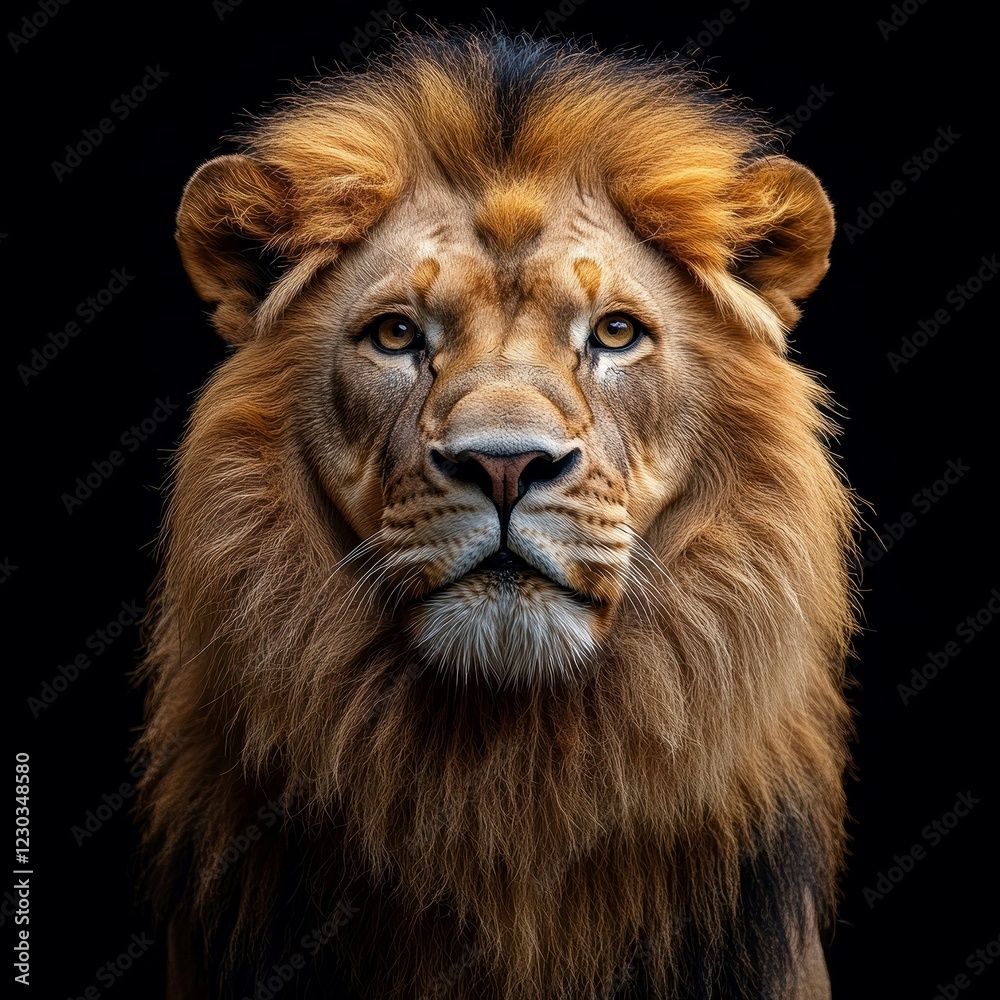 Fototapeta premium Close-up image of a well-groomed lion with an alert expression, showcasing prominent whiskers and a rich mane Image background is dark and not clearly distinguishable - AI-generated