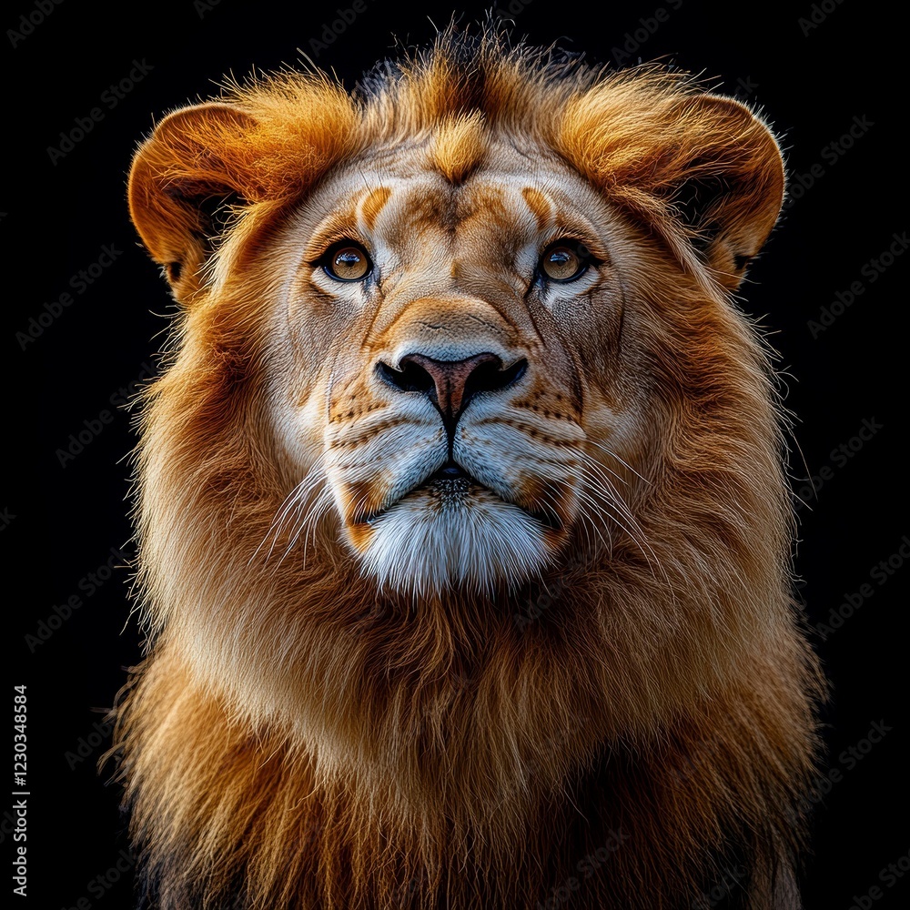 Fototapeta premium Close-up of a regal lion, with brown and white fur, alert ears, and fierce yet gentle eyes against a dark background - AI-generated