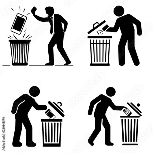  Icons of people throwing their smartphone in the trash. Set of vector monochrome sketches in EPS 10 format