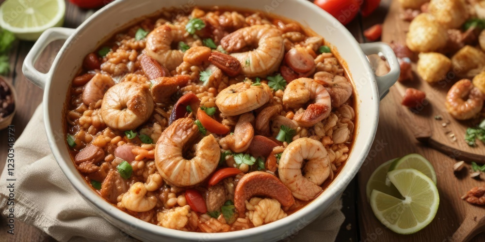 Spicy jambalaya in a large bowl with andouille sausage, chicken, and shrimp, jambalaya, sausage Spicy jambalaya in a large bowl with andouille sausage, chicken, and shrimp, jambalaya, sausage