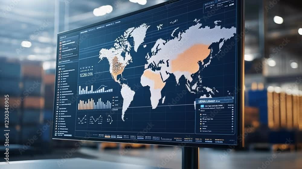 A computer monitor displaying a sophisticated mapping software that visualizes the supply chain network with supply routes logistics hubs and delivery points vividly depicted.