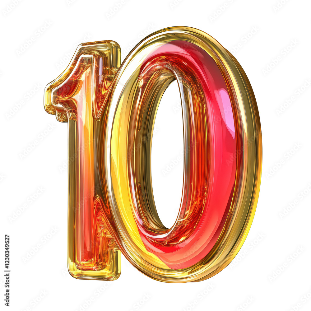 Isolated Golden Number 10 with Red Accents