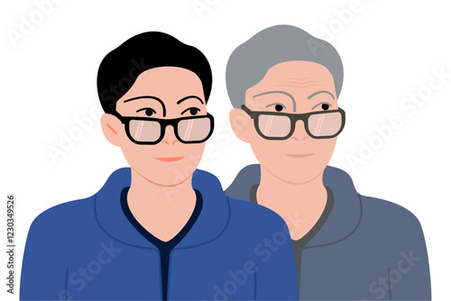 portraits of young and old man with glasses, vector illustration