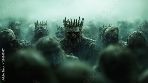 Amidst a foggy backdrop, a haunting king commands a terrifying undead army, symbolizing themes of death and resurrection in an eerie portrayal of power and darkness. photo