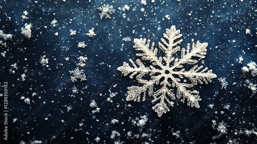 A large, ornate snowflake rests on a dark blue background dusted with smaller snowflakes and snow. A large, ornate snowflake rests on a dark blue background dusted with smaller snowflakes and snow.