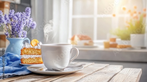 Wallpaper Mural Morning Coffee and Cake: A steaming cup of coffee and a slice of cake sit invitingly on a wooden table, bathed in soft, natural light streaming through the window. Torontodigital.ca
