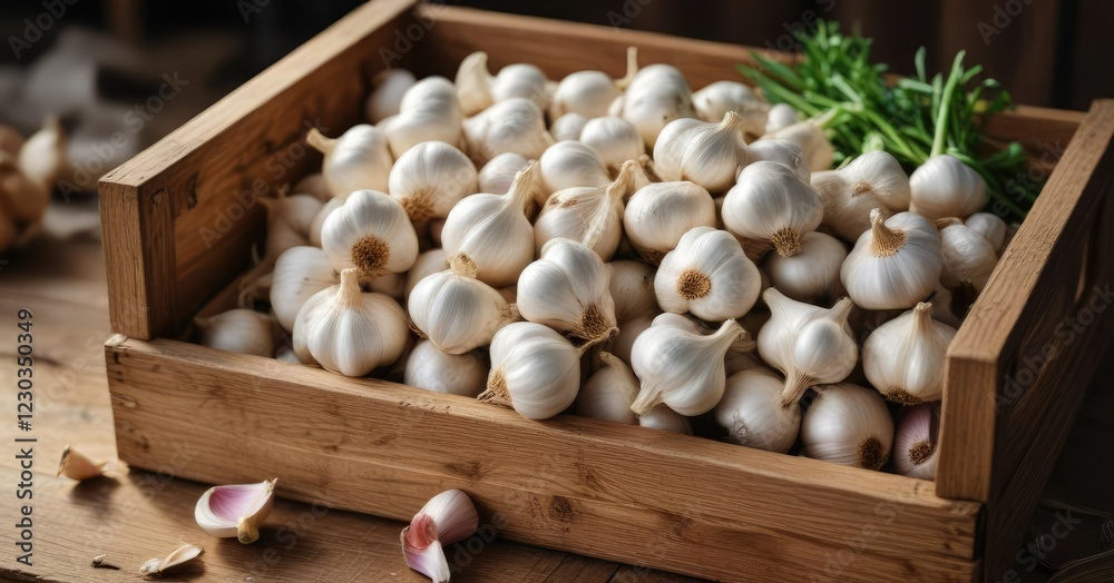 Pile of garlic bulbs in a rustic wooden crate, gardening tools, agriculture, crates Pile of garlic bulbs in a rustic wooden crate, gardening tools, agriculture, crates