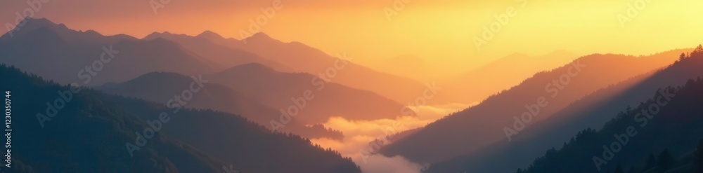 Warm golden light casts a mystical glow on a foggy mountain range, atmosphere, hazy