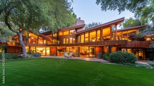 Wallpaper Mural Modern Architectural Marvel: A captivating view of a contemporary, wooden-clad residence nestled amidst lush greenery. The home's striking design features expansive windows, multiple levels. Torontodigital.ca