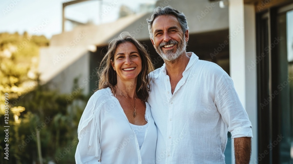 Fototapeta premium Happy smiling mature family couple new property buyers modern dream luxury villa owners standing outside house, affectionate middle aged man and woman in love hugging outdoor. Portrait. High quality
