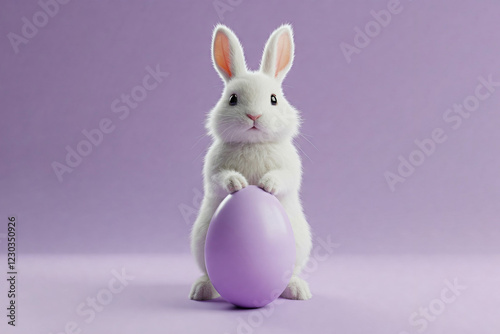 White Easter bunny holding a purple egg against a matching background