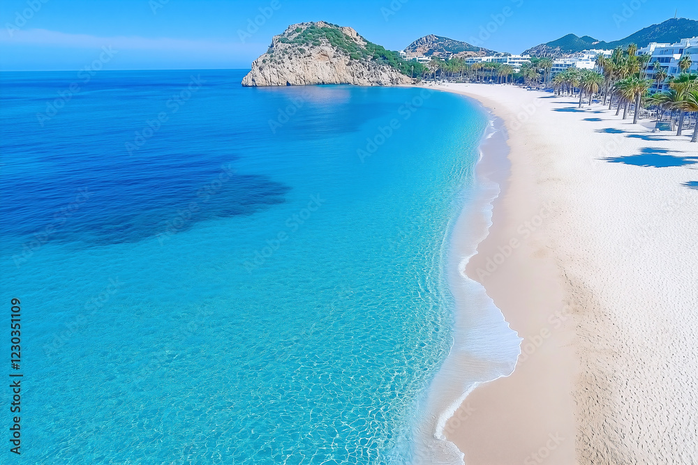 A beautiful beach with a blue ocean and a mountain in the background A beautiful beach with a blue ocean and a mountain in the background