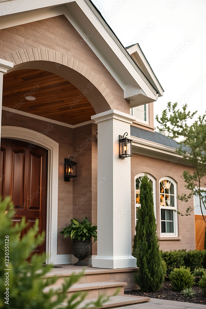 Obraz premium Elegant Brick House Exterior with Classic Porch Design and Landscaping. A perfect blend of modern and traditional architecture creating a welcoming and luxurious home entrance.