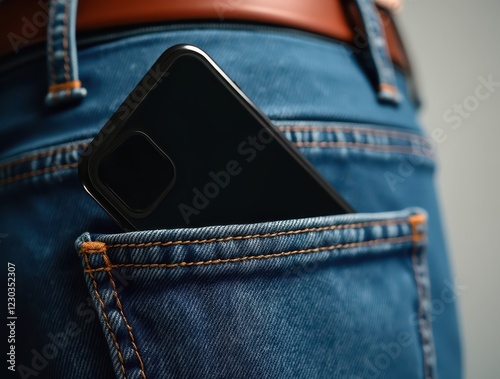 Modern smartphone slipping out of jeans back pocket
