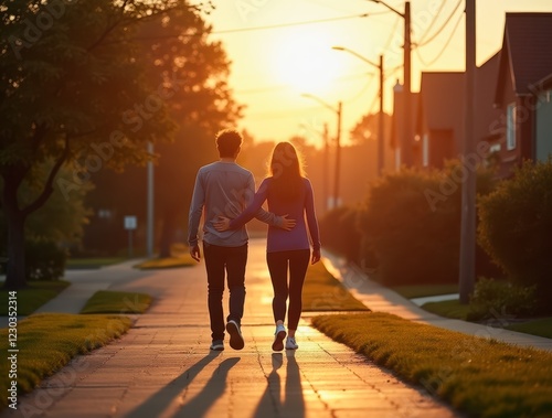 Couple enjoying a romantic evening walk in their neighborhood at sunset photo