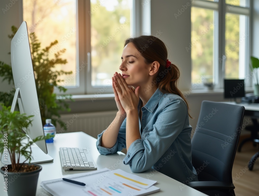 Office worker practicing deep breathing exercises at desk for mindful break from work Office worker practicing deep breathing exercises at desk for mindful break from work