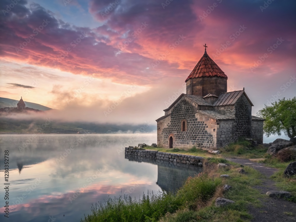 Fototapeta premium Mystical Sevanavank Monastery on Lake Sevan, Armenia: Sunrise Serenity