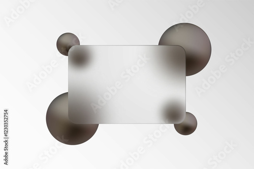 Glass morphism, website template with transparent rectangle and black spheres. Eps 10