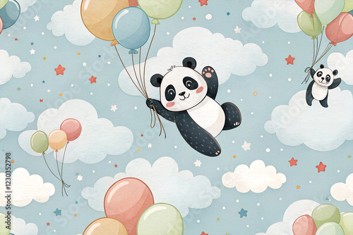 wallpaper with panda flying on balloons in the sky - seamless pattern for your design
