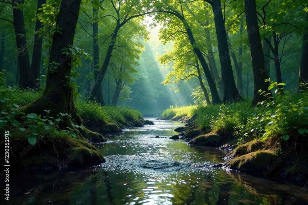 River flowing through dense forest with tree trunks and branches, River, Dense Forest River flowing through dense forest with tree trunks and branches, River, Dense Forest