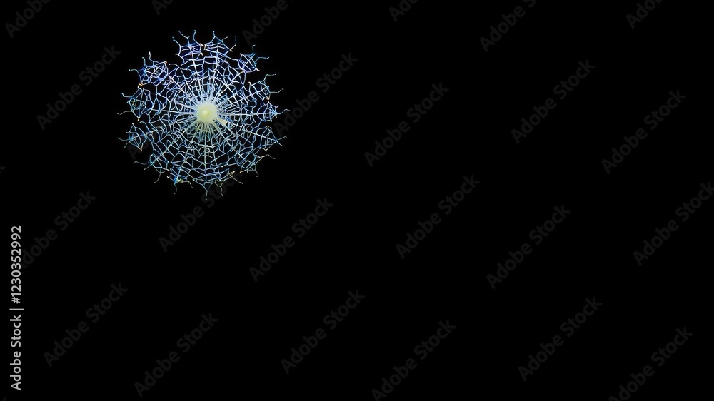 Fototapeta premium Radiolarian with delicate, lacy silica skeleton floating in dark ocean, underwater world, bioluminescent, marine biology
