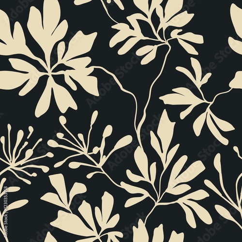 Seamless floral vintage contrast concise black and white handmade ink drawing for fabric design, decor, ceramics, greeting cards, flowers, texture print on black background