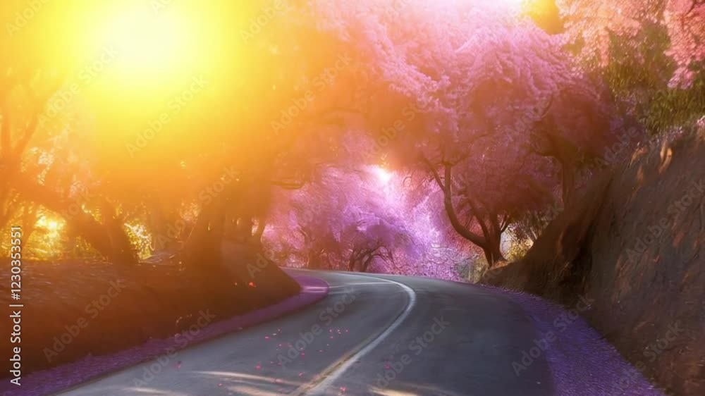 A calm road under an arch of blooming jacaranda trees in full purple bloom