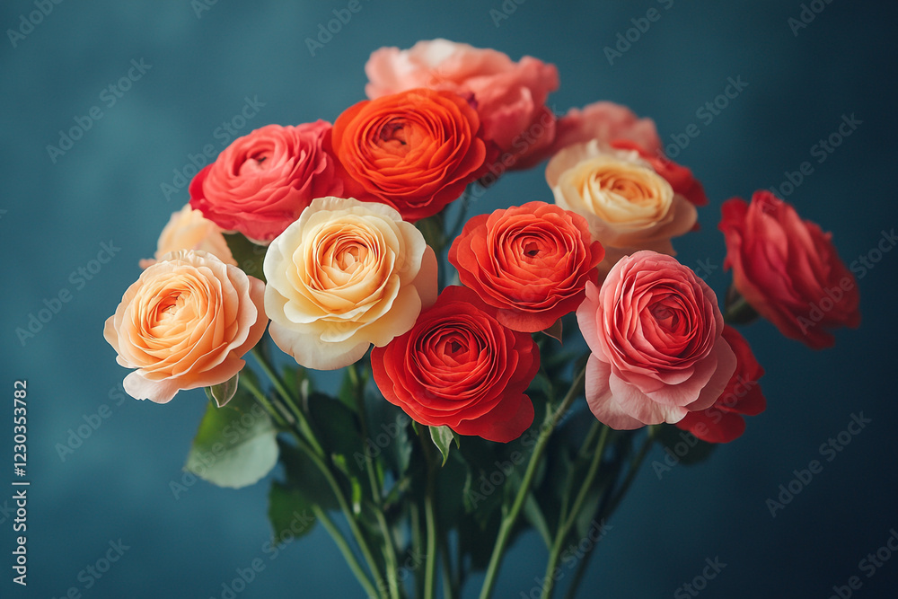 A Bouquet of Vibrant Ranunculus Flowers in Warm Hues A Bouquet of Vibrant Ranunculus Flowers in Warm Hues