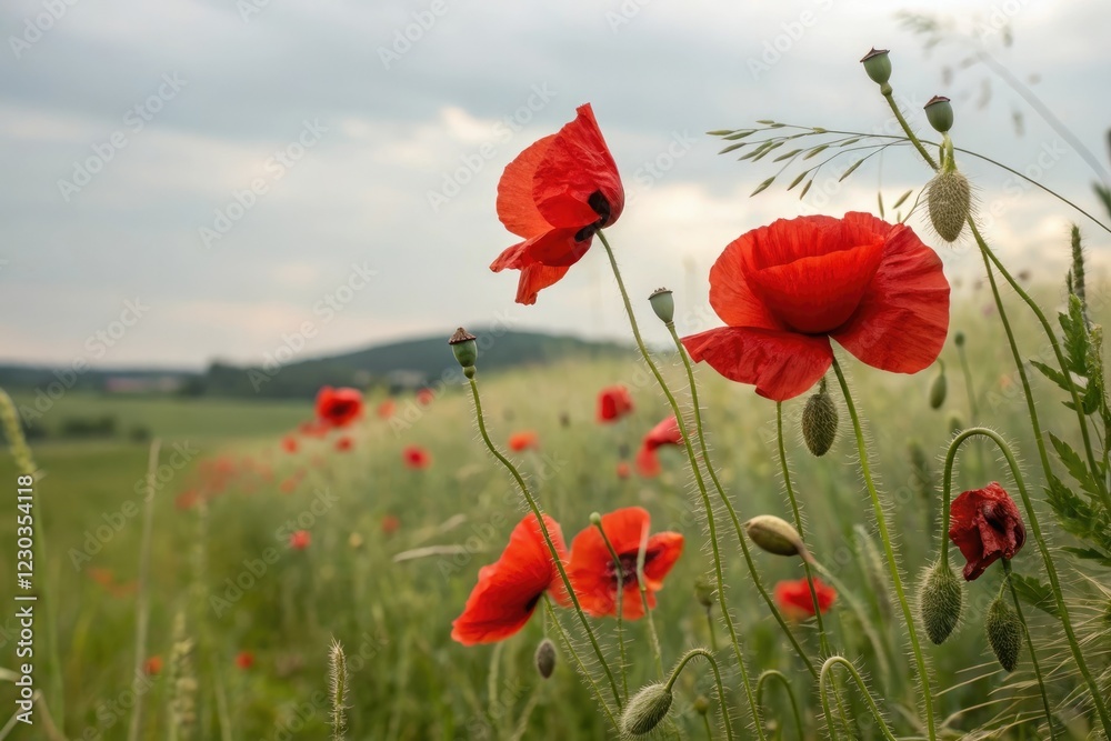 Red poppies unfolding in a delicate watercolor style, , watercolor flowers, elegant design, artistic technique Red poppies unfolding in a delicate watercolor style, , watercolor flowers, elegant design, artistic technique