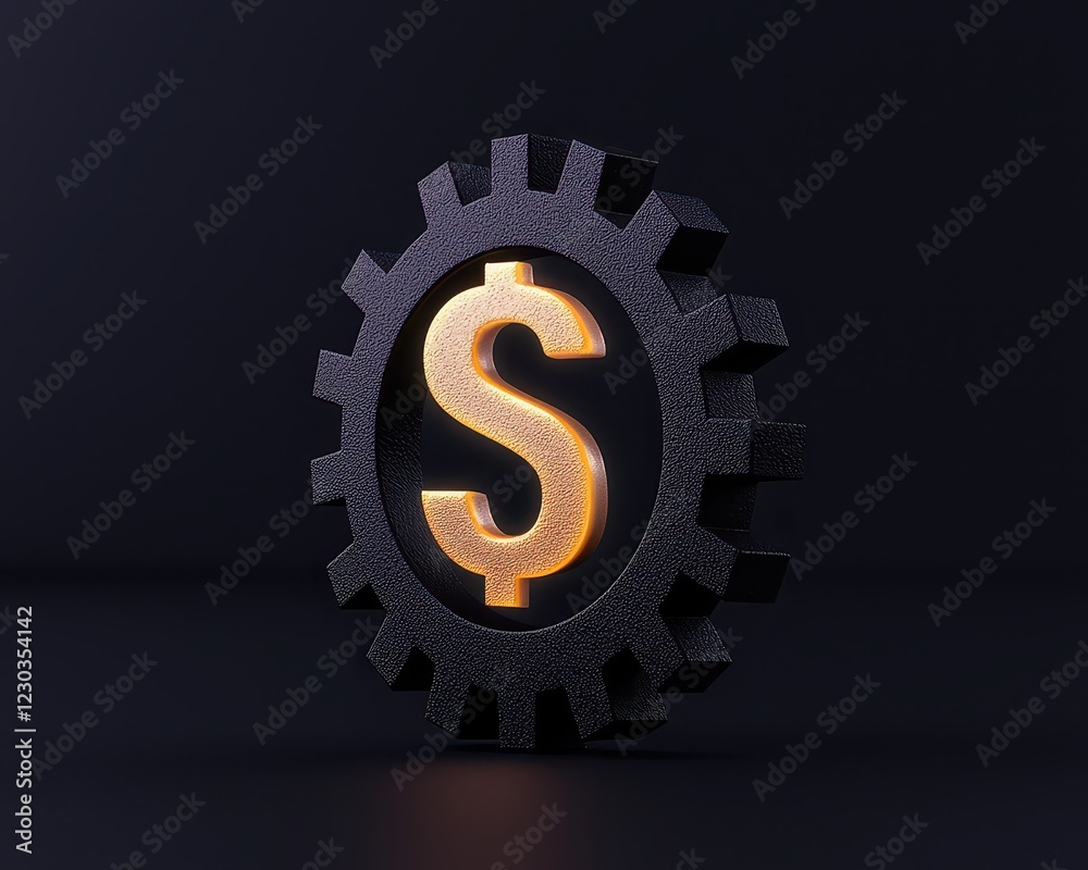 A modern dollar symbol lit within a black gear, representing finance and industry innovation. A modern dollar symbol lit within a black gear, representing finance and industry innovation.