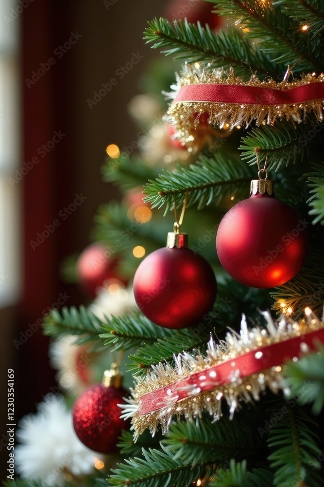 Fototapeta premium Red gold ornaments pine branches and ribbons on white garland, Christmas trees, red gold ornaments