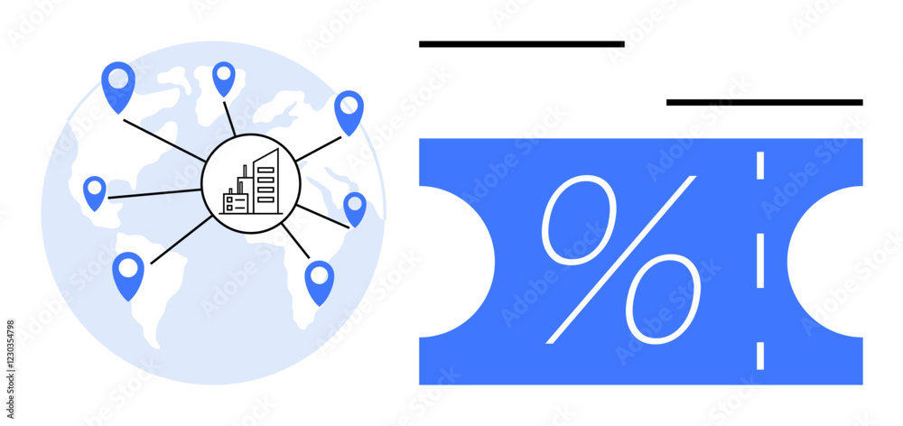 World map with connected location points, distribution center icon, and large blue discount voucher with percentage sign. Ideal for logistics, global trade, discounts, promotions, ecommerce World map with connected location points, distribution center icon, and large blue discount voucher with percentage sign. Ideal for logistics, global trade, discounts, promotions, ecommerce