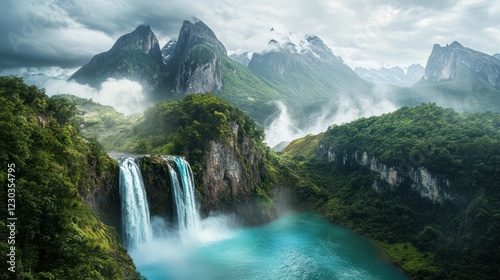 Majestic waterfall cascading into turquoise pool, misty mountains backdrop; travel, nature