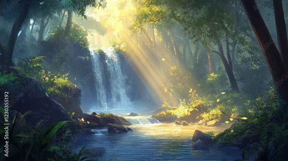 Sunlit Waterfall in Lush Jungle; Peaceful Nature Scene Sunlit Waterfall in Lush Jungle; Peaceful Nature Scene