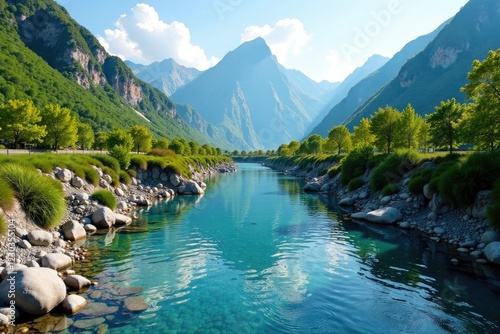 River carves through mountainside with gentle slope, rocky, mountain, landscape