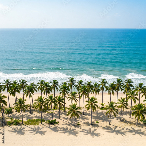 Front aerial view of a caribbean beach with stunning blue waters and white sand, palm trees line along the shore. Idyllic destination for a summer holiday.