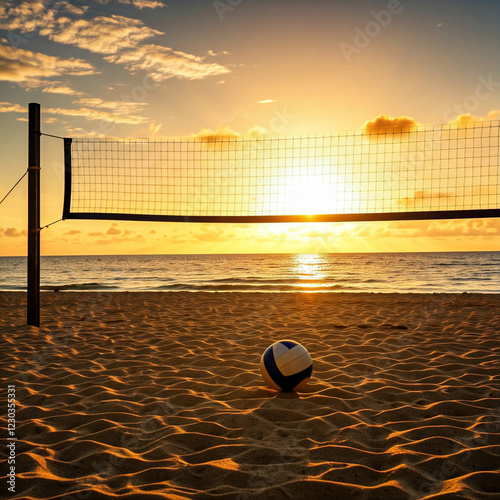 Stunning sunset on a beach with red orange colours creating a vibrant environment. The volleyball ball and netball convey a sport image