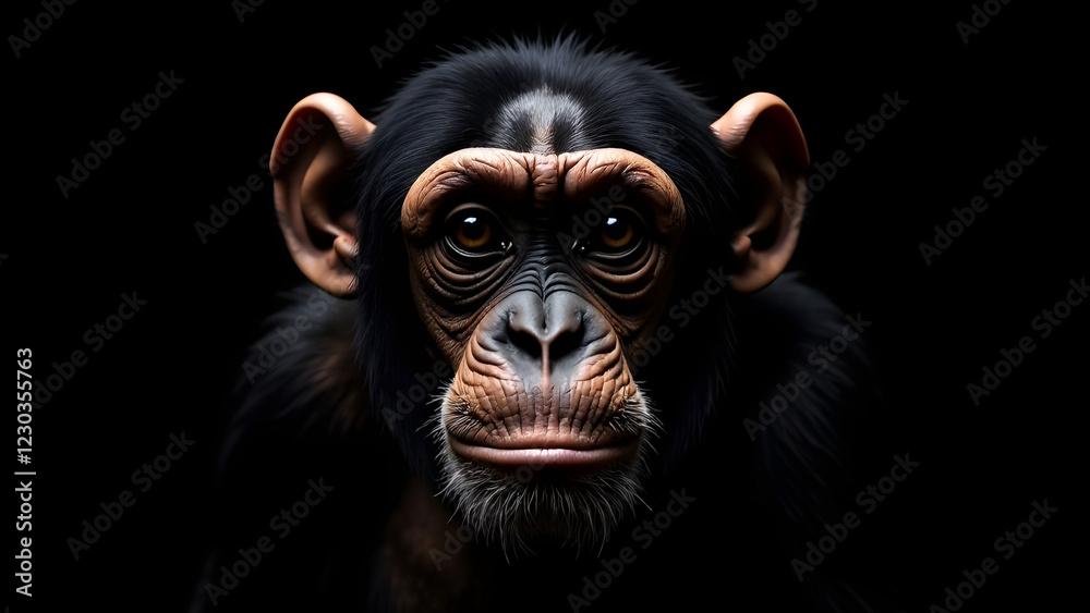 A chimpanzee sporting a beard is gazing at the camera in a dark environment