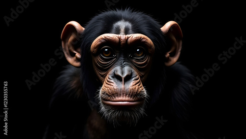 Obraz na płótnie A chimpanzee sporting a beard is gazing at the camera in a dark environment w salonie