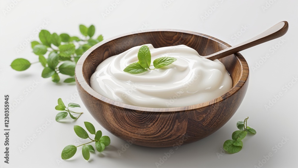 Wooden Bowl with Creamy Yogurt Isolated on White Background, Perfect for Healthy Snacking or Meal Addition Wooden Bowl with Creamy Yogurt Isolated on White Background, Perfect for Healthy Snacking or Meal Addition