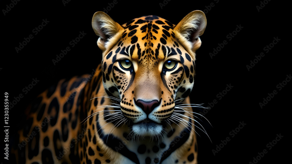Closeup of a leopards face against a deep black background