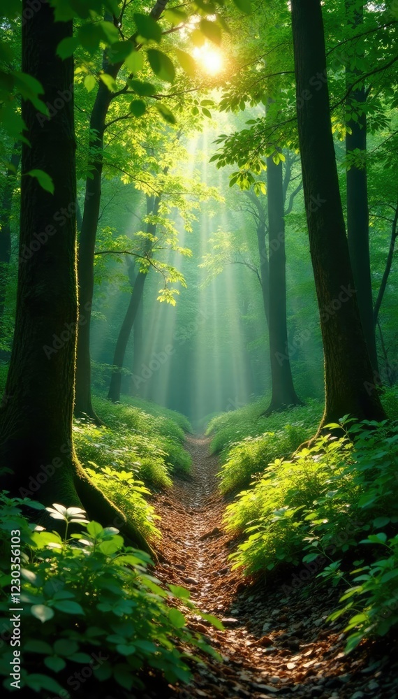 Obraz premium Sunlight casts dappled shadows on the forest floor as light filters through, foliage, nature, green