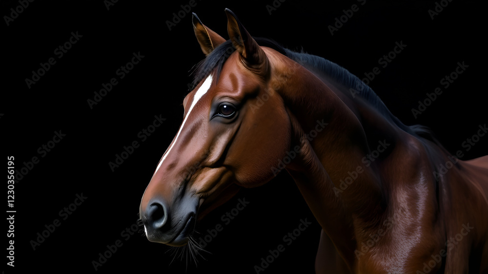 Closeup of a brown horses head on a dark background