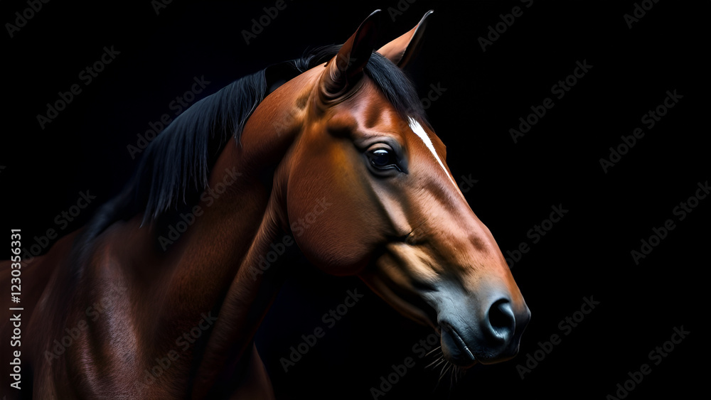 Closeup of a brown horses head on a dark background