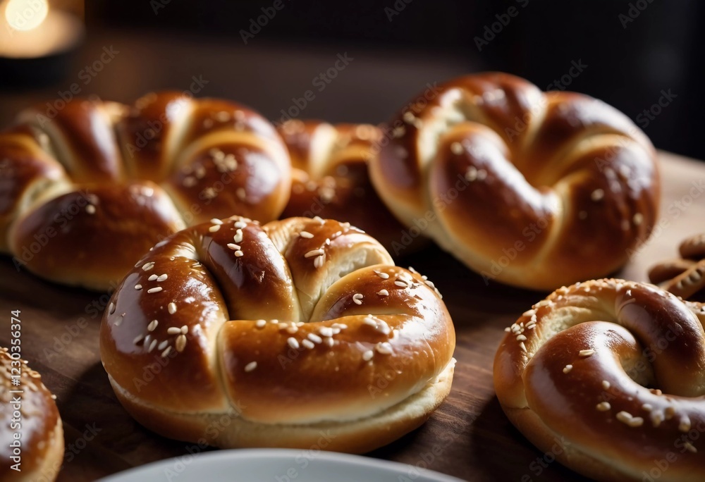 In a warm kitchen filled with the aroma of freshly baked goods, sesame bagel buns are braided and prepared on a wooden surface, showcasing their golden brown crust and rich texture. Generative AI In a warm kitchen filled with the aroma of freshly baked goods, sesame bagel buns are braided and prepared on a wooden surface, showcasing their golden brown crust and rich texture. Generative AI