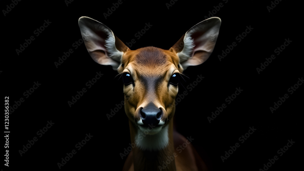 A beautiful deer is gazing curiously at the camera against a contrasting black background, creating a strikingly vivid image A beautiful deer is gazing curiously at the camera against a contrasting black background, creating a strikingly vivid image