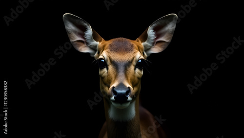 Obraz na płótnie A beautiful deer is gazing curiously at the camera against a contrasting black background, creating a strikingly vivid image w salonie