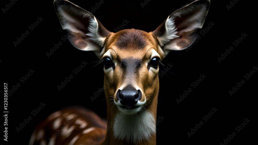 A beautiful deer is gazing curiously at the camera against a contrasting black background, creating a strikingly vivid image